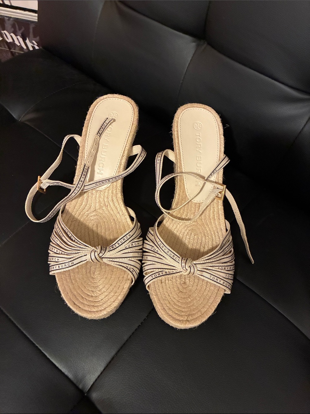 Tory Burch Beige & Black Ribbon Espadrille Sandals with Ankle Straps 10 wedge